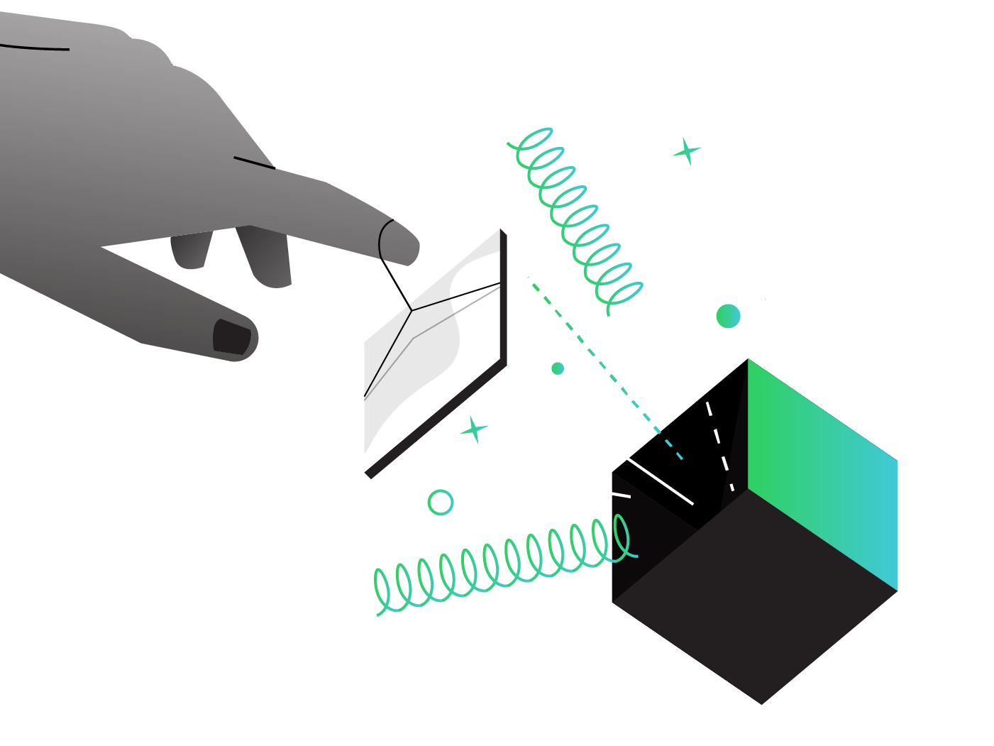 illustration of a hand in front of a box opening up and revealing abstract shapes